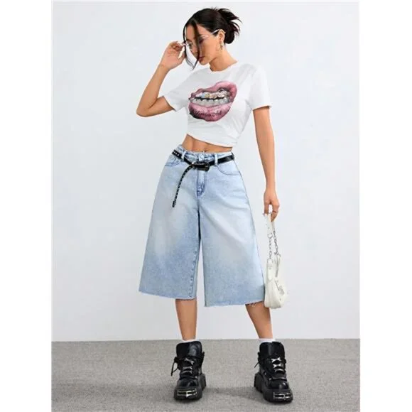 Fall Essentials 90s Fashion Washed Denim Light Blue Baggy 7-Point